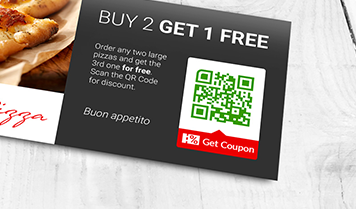 QR Code with get coupon frame for buy 2 get 1 free discount at restaurant