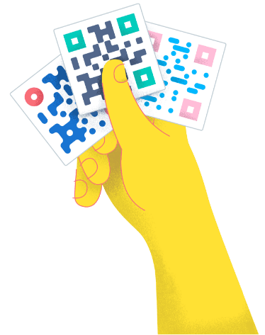 Illustration of a hand holding three colorful QR Codes