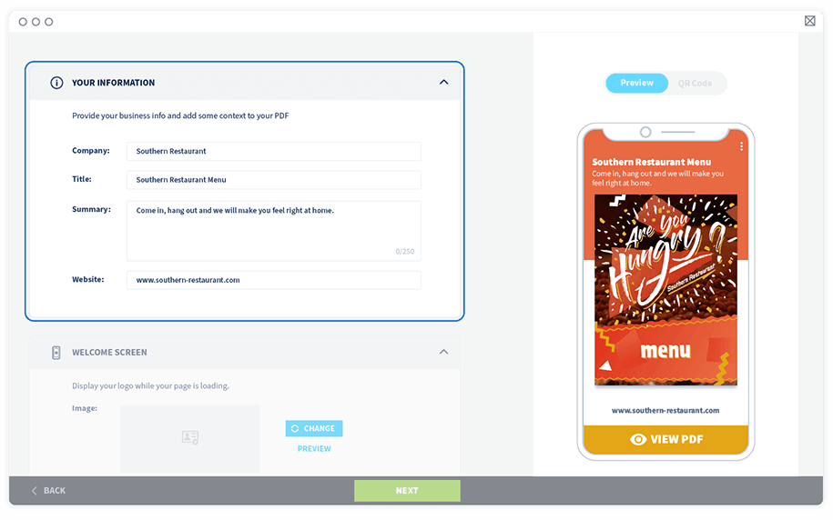 Introduce la información básica en la página de destino de tu Código QR PDF