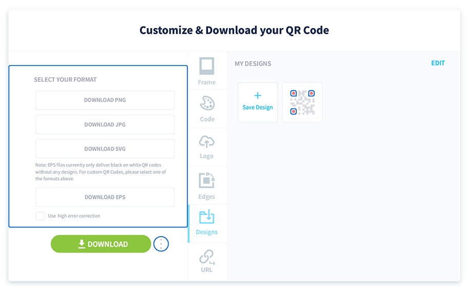 Elige en qué formato quieres descargar el código QR.