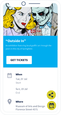 Una página de destino que contiene información detallada sobre un evento de la ciudad con un botón para guardar el evento nel calendario.