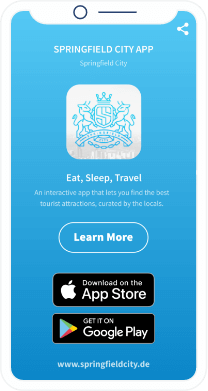 Una página de destino del código QR con botones para descargar una aplicación de la ciudad desde Apple App Store o Google Play Store.