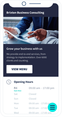 Página de destino del código QR con información sobre una empresa de consultoría de negocios, como el horario de apertura y un botón para hacer una cita.