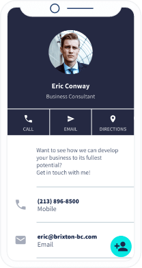 Una página de destino del código QR que contiene los datos de contacto de un consultor empresarial.