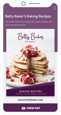 Una pantalla de móvil con fondo morado, tortitas y un enlace a un PDF con recetas.