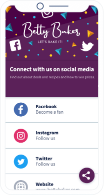 Una página de destino con un código QR que muestra varios canales de redes sociales y la URL del sitio web de una marca de alimentos.
