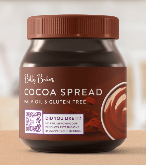 Un tarro de pasta de cacao con una etiqueta marrón y letras blancas, con un Código QR Evaluación impreso.