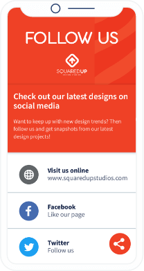 Página del código QR que muestra las redes sociales de una empresa de diseño