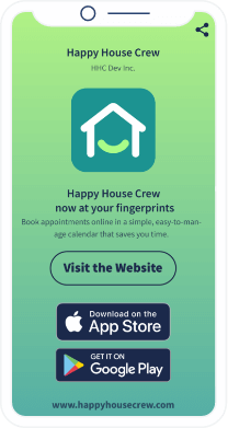 Página de destino del código QR que muestra una aplicación de una empresa de mantenimiento doméstico que se puede descargar desde Apple App Store y Google Play Store.
