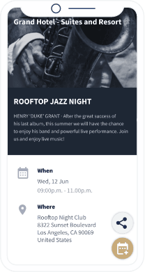Una página de destino de un código QR que muestra los detalles del evento de un hotel y que contiene un botón que guarda toda la información directamente en el calendario del smartphone.