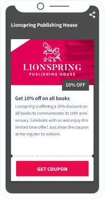 Una página de destino del código QR que muestra un cupón de descuento para usar en una librería.