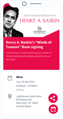 Una página de destino del código QR que muestra los detalles de un evento de lanzamiento de un libro y permite guardar la información en el teléfono