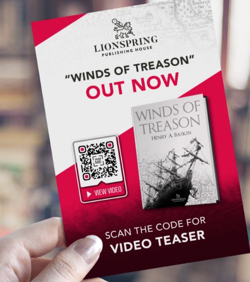 Un flyer promocional de un libro recientemente publicado con un código QR que muestra un book trailer.