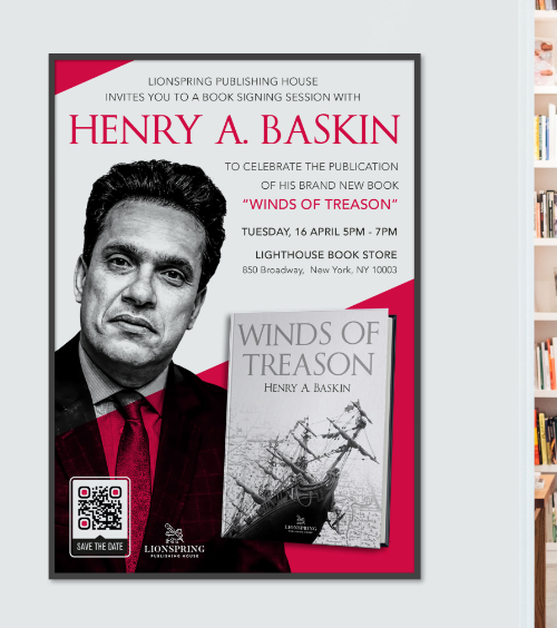 Un cartel que anuncia un evento de lanzamiento de un libro con un código QR que muestra los detalles del evento.
