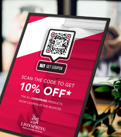 Un display de mesa con un código QR que ofrece un descuento cuando se escanea.