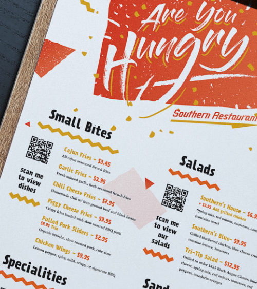 Un menú de restaurante con un código QR que redirige a los usuarios a una galería de imágenes que muestra los pratos del restaurante.