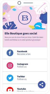 Página de destino del código QR que muestra todas las redes sociales de una tienda.