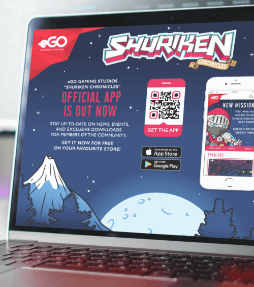 Portátil que muestra el sitio web de una empresa con un código QR que permite a los usuarios descargar una aplicación de juegos desde la tienda de aplicaciones.