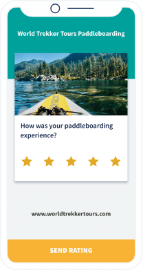 Una landing page personalizada para evaluar la experiencia de paddleboarding de World Trekker Tours con una opción de 1 a 5 estrellas
