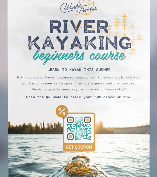 Un flyer promocional de kayak de río para principiantes con un código QR que da un cupón de descuento del 50 por ciento cuando es escaneado