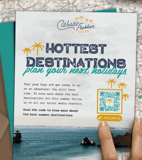 Una postal enviada por una agencia de viajes con un código QR que anima a los clientes a seguirlos en los medios sociales