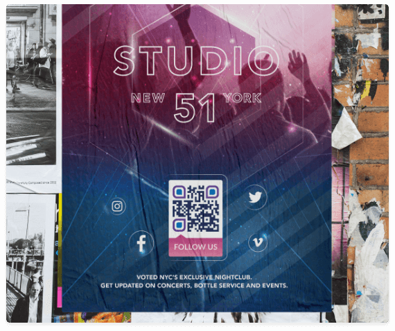 Póster de un club nocturno con un código QR que enlaza todos sus canales de redes sociales en una sola página.