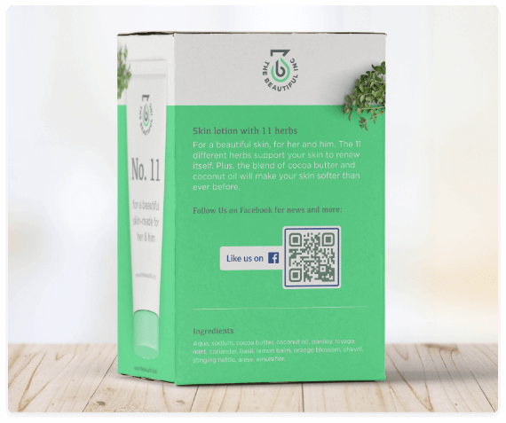 Empaque de un producto de belleza con un código QR que enlaza la página de facebook para aumentar los likes y los seguidores.