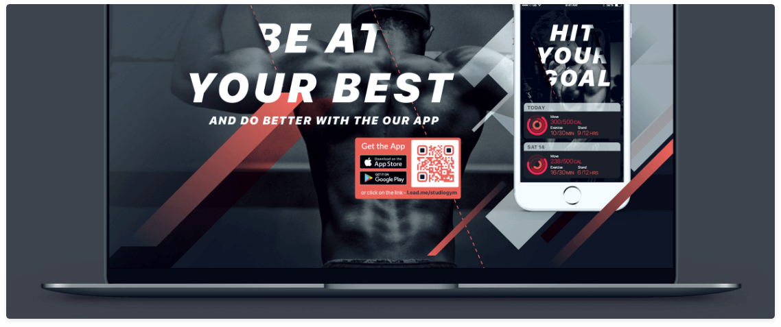 Un sitio web de gimnasio con un código QR que enlaza la aplicación de fitness en Apple App Store y Google Play Store.