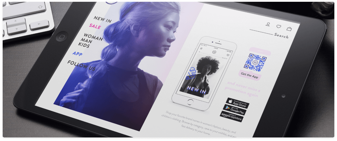 Un tablet en una tienda de ropa con un código QR que vincula una aplicación en Apple App Store, Google Play y Amazon Appstore.