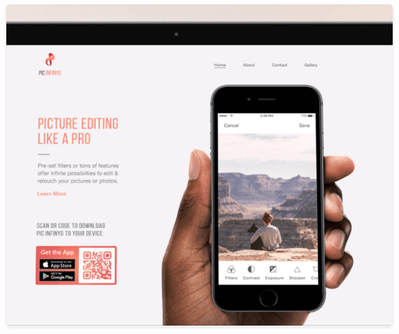 Sitio web de un software para editar de fotos con un código QR que enlaza una aplicación en Apple App Store y Google Play Store.
