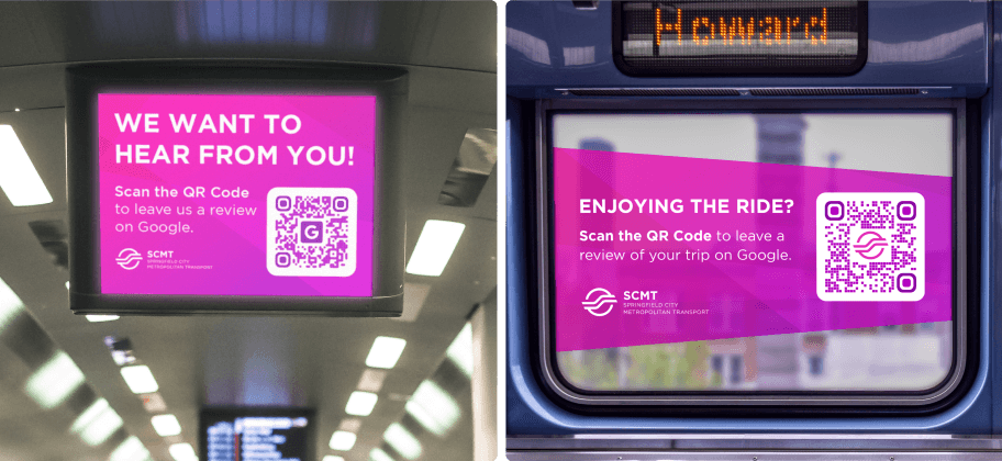 Un anuncio en un vehículo de transporte público con un código QR que permite dejar una reseña en Google.