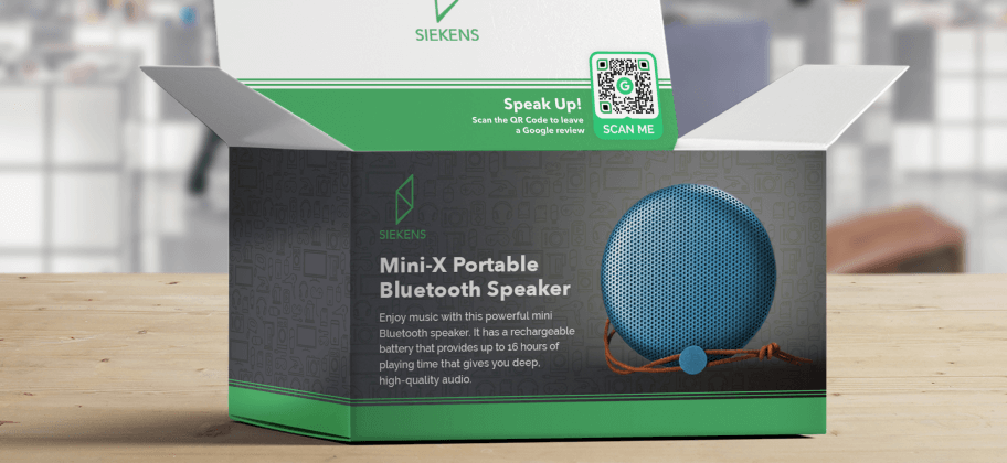 La caja de un altavoz Bluetooth con un Código QR Perfil de Empresa de Google.