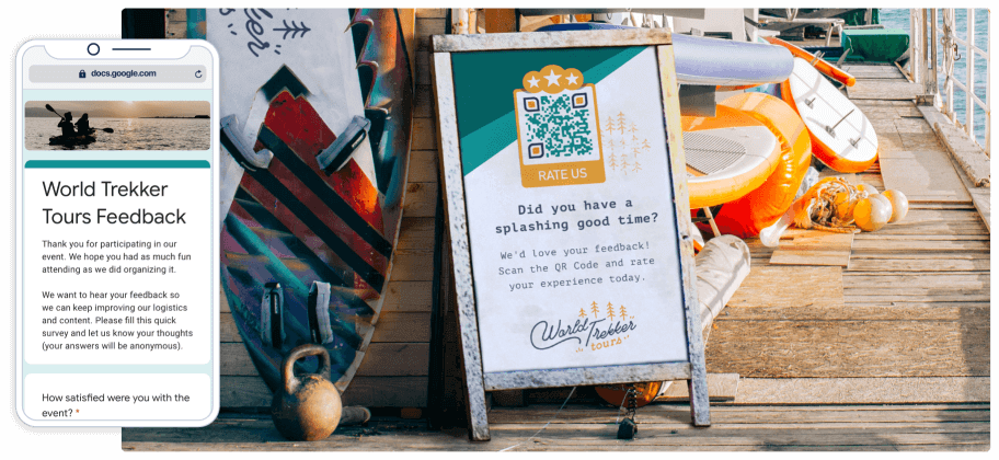 Publicidad de una empresa de excursiones en kayak con un código QR en un cartel y un smartphone que muestra la página web vinculada al código QR.