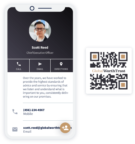 Ejemplo de un Código QR vCard Plus que muestra información de contacto detallada