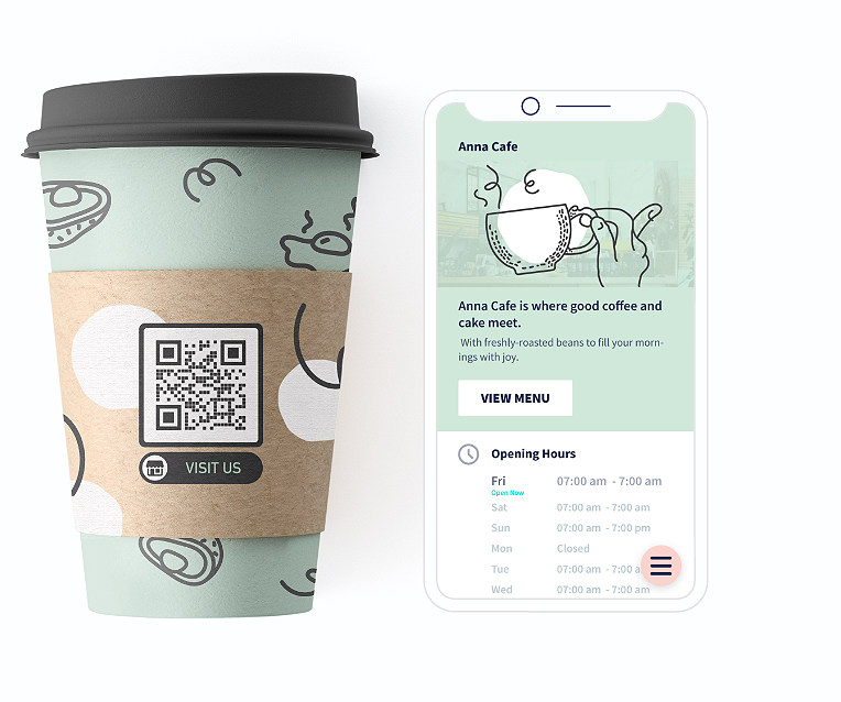Ejemplo de un código QR en un vaso con una página de destino que muestra información detallada de la empresa.