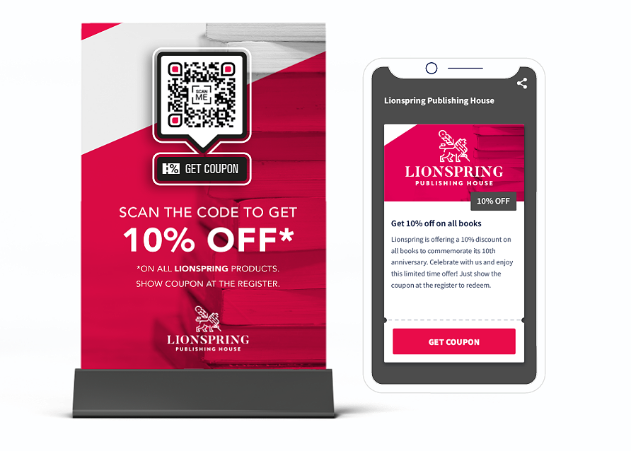 Código QR en un material promocional con una página de destino que muestra un cupón de descuento.