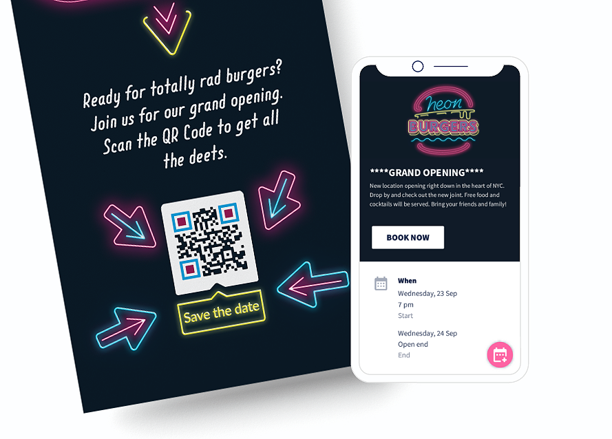 Ejemplo de un código QR en un folleto con una página de destino que muestra información de un evento con un botón