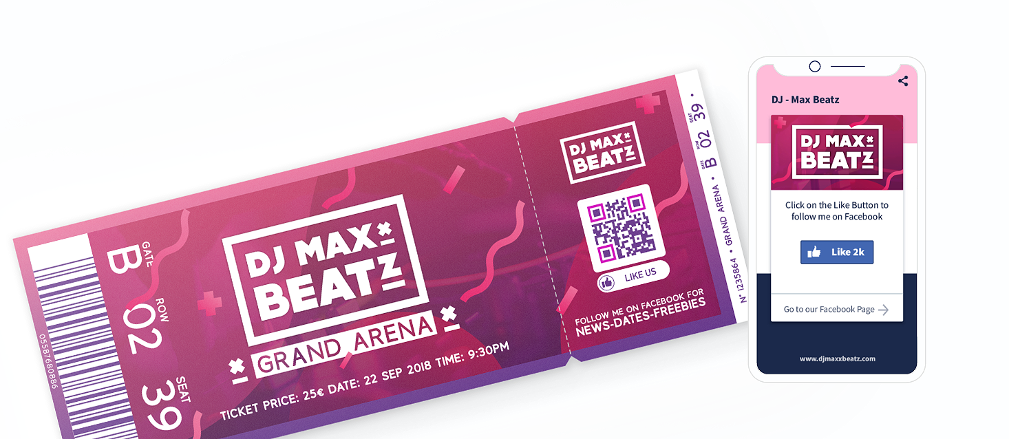 Ejemplo de la página de destino del Código QR Facebook en un ticket que muestra el botón