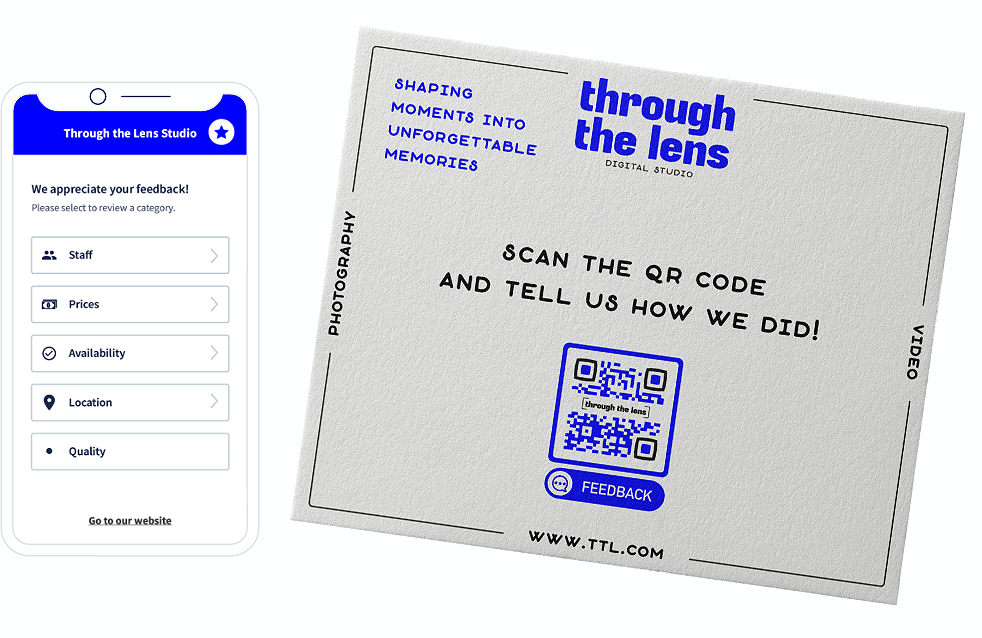 Código QR en un folleto con una página de destino que solicita un feedback detallado.
