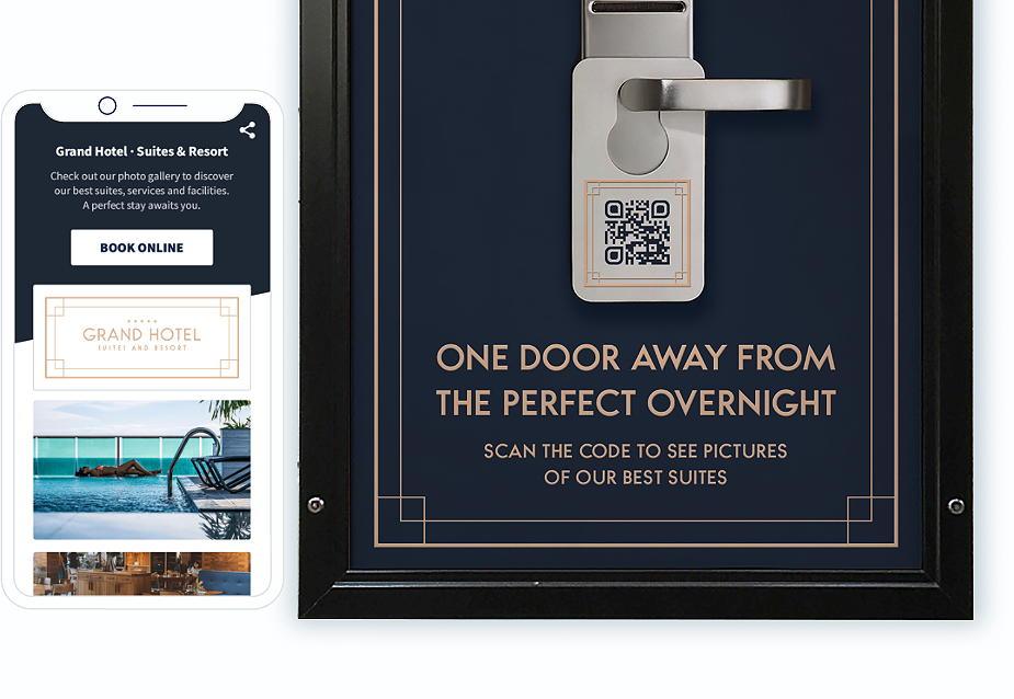 Código QR en la tarjeta de hotel con una página de destino que muestra varias fotos en una página