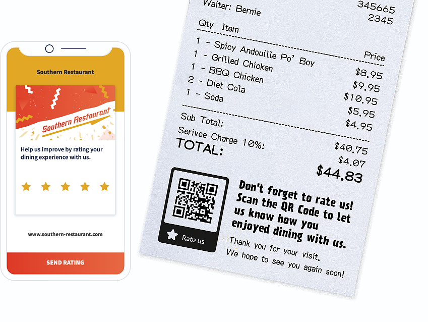 Ejemplo de un código QR en un recibo con una página de destino que solicita la evaluación de los clientes.