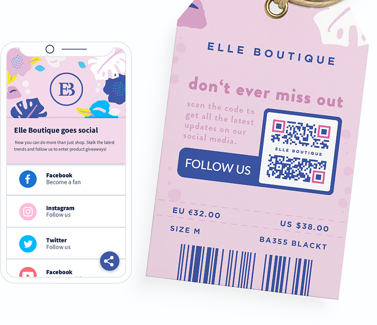 Código QR en una etiqueta de ropa con una página de destino que muestra redes sociales en una página.